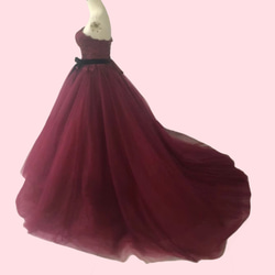 カラードレス ワインレッド ソフトチュール サッシュベルト   上品花レース 前撮り  ウェディングドレス 5枚目の画像