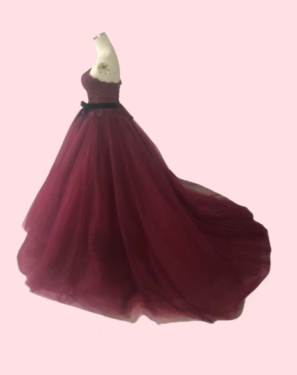 カラードレス ワインレッド ソフトチュール サッシュベルト   上品花レース 前撮り  ウェディングドレス 5枚目の画像