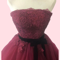 カラードレス ワインレッド ソフトチュール サッシュベルト   上品花レース 前撮り  ウェディングドレス 4枚目の画像