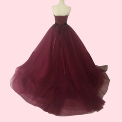 カラードレス ワインレッド ソフトチュール サッシュベルト   上品花レース 前撮り  ウェディングドレス 2枚目の画像