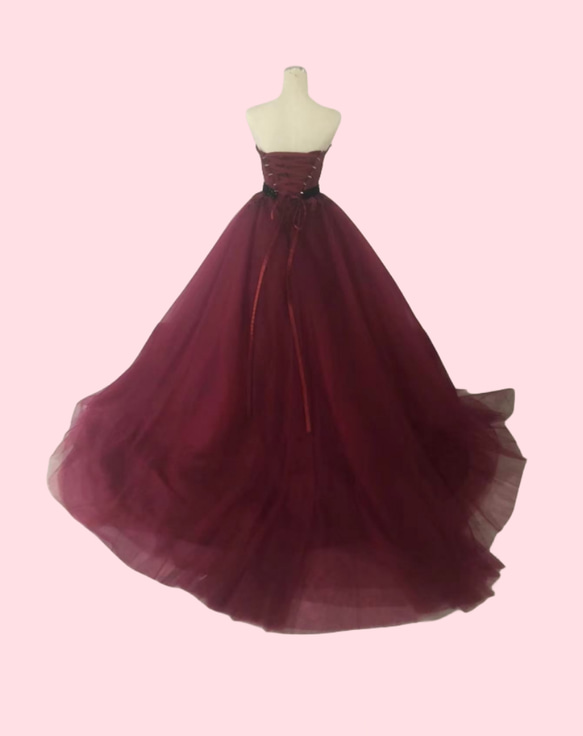 カラードレス ワインレッド ソフトチュール サッシュベルト   上品花レース 前撮り  ウェディングドレス 2枚目の画像