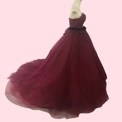カラードレス ワインレッド ソフトチュール サッシュベルト   上品花レース 前撮り  ウェディングドレス 3枚目の画像
