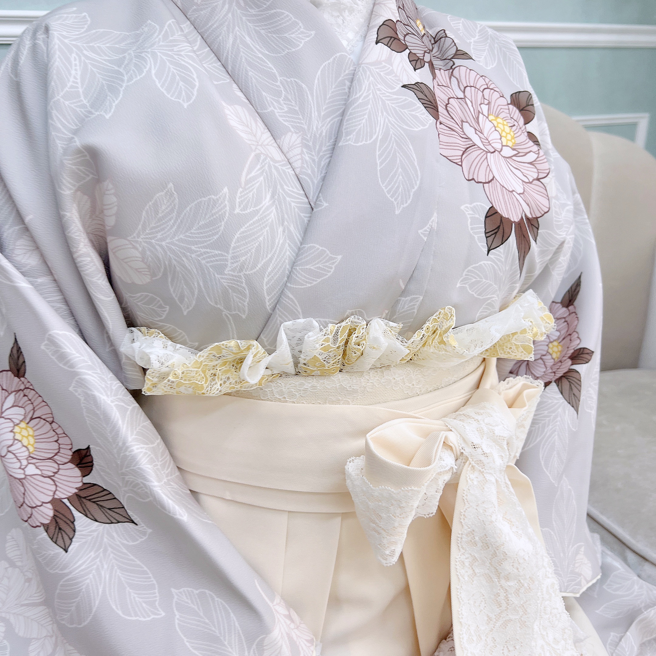 レース着物 バイカラー袴 レースフリル パール 5点セット 新品 卒業式