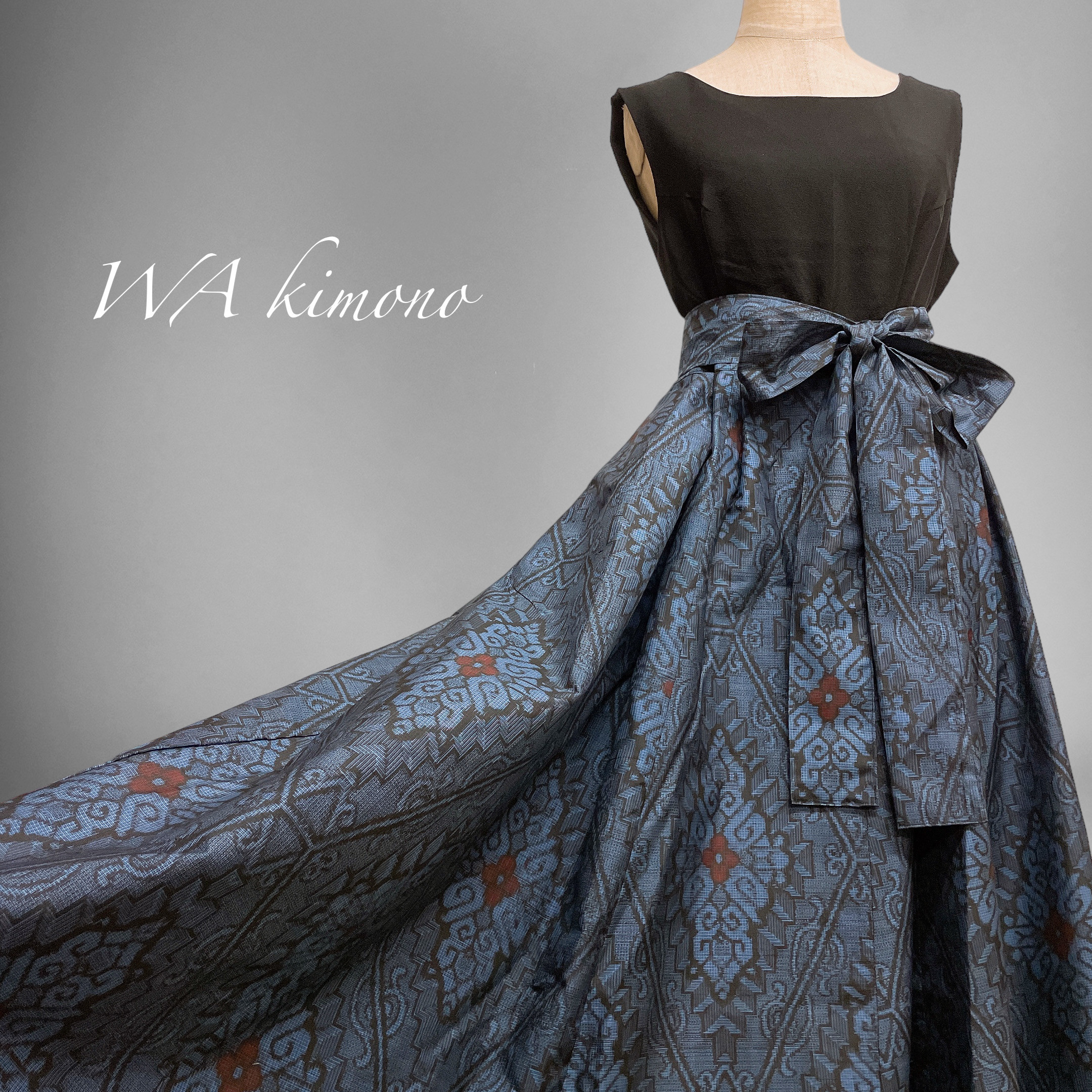 高橋躾付き着物から大島紬解き生地からバイアス仕立てロングフレアーワンピース 高橋様専用躾付き着物から大島紬解き生地からバイアス仕立て