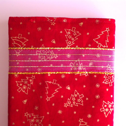 文庫本カバーとポケットティッシュケースのセット（クリスマスツリーレッド、チュールリボン） 3枚目の画像