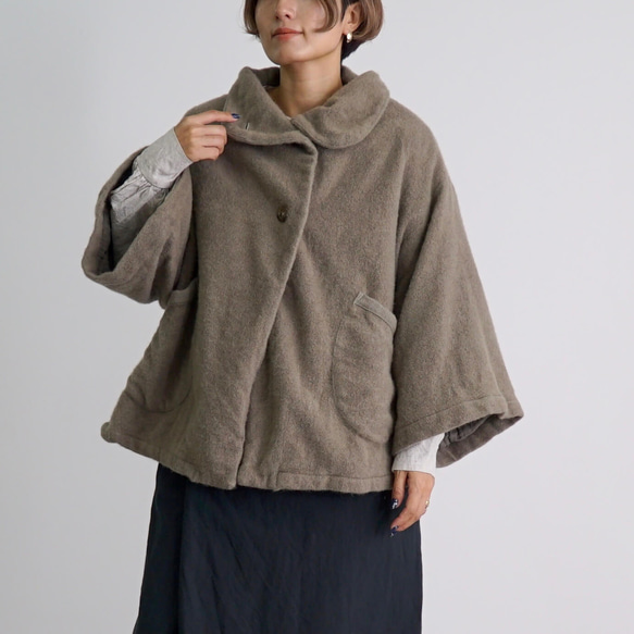 ウールショートコート/カーキ/尾州織物 1枚目の画像