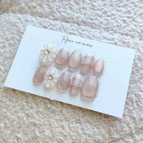 チェック柄ピンクマグネットぷっくりフラワーシンプル淡色韓国ワンホン  