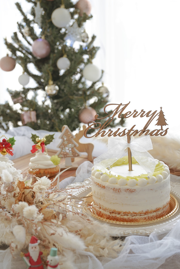 【 木製 ケーキトッパー 】Merry Christmas  英語 Xmas クリスマスフォト 飾り フォトプロップス 1枚目の画像
