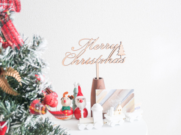 【 木製 ケーキトッパー 】Merry Christmas  英語 Xmas クリスマスフォト 飾り フォトプロップス 3枚目の画像
