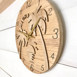 ヤシの木のウッドロゴ壁掛け時計 ハワイアンデザイン時計 ウォールクロック 丸型 夕陽のシルエット ホノルルの海 パーム 6枚目の画像