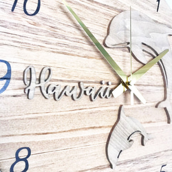 イルカのウッドロゴ壁掛け時計 ハワイアンデザイン時計 ウォールクロック 丸型 ドルフィン 店舗用時計 木製 ハンドメイド 5枚目の画像