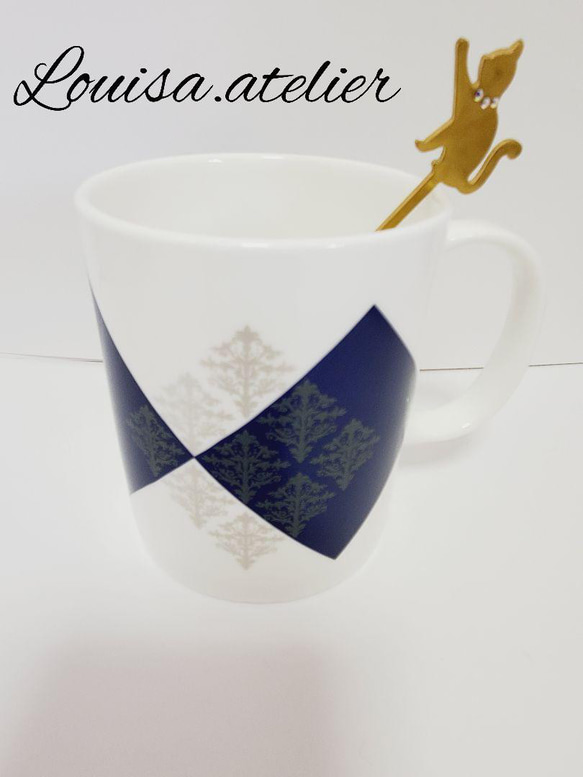 ポーセラーツ ハンドメイドマグカップアーガイル柄 ダイヤ柄 メタリックシルバー 2枚目の画像