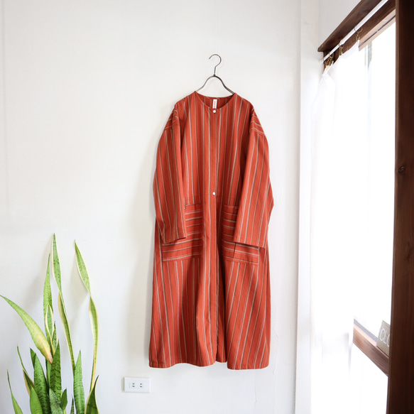 organic cotton pleats pocket dress (orange stripe) 1枚目の画像