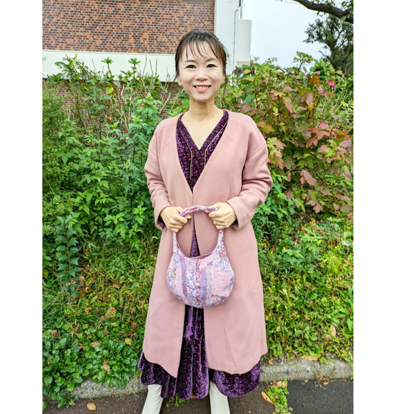 布フェルトBag　あかるい冬の夜  パープル ピンク色・花柄～（羊毛フェルト・インド綿・ブロックプリント) 16枚目の画像