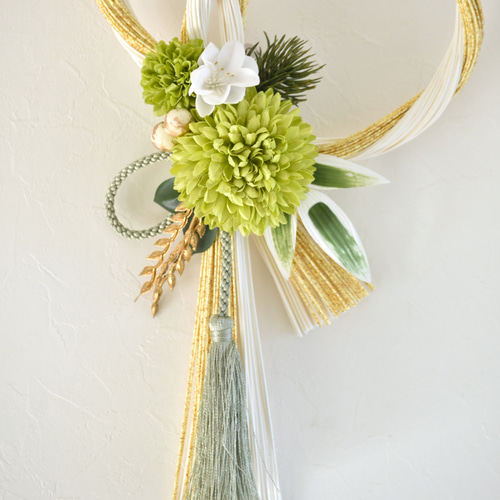 水引リース(ふたば) お正月飾り ホワイト＆ゴールド＋グリーン ver