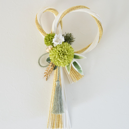 水引リース(ふたば) お正月飾り ホワイト＆ゴールド＋グリーン ver