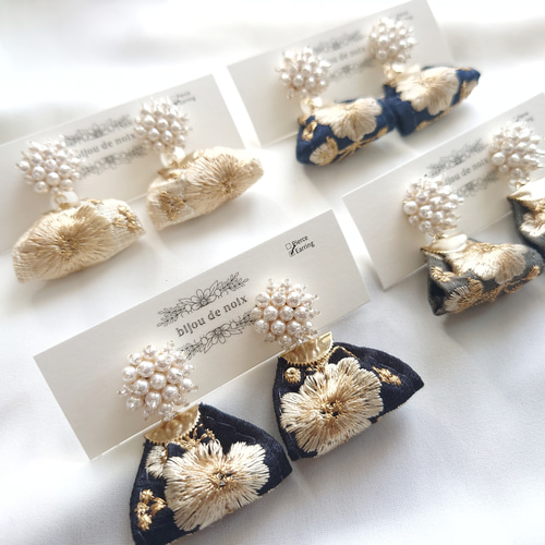 ビーズ刺繍 リボン ピアス イヤリング 大ぶり インド刺繍