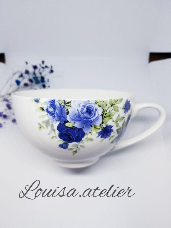 ポーセラーツ ハンドメイド スープカップ 青バラ　付けパン　薔薇　美しい 1枚目の画像