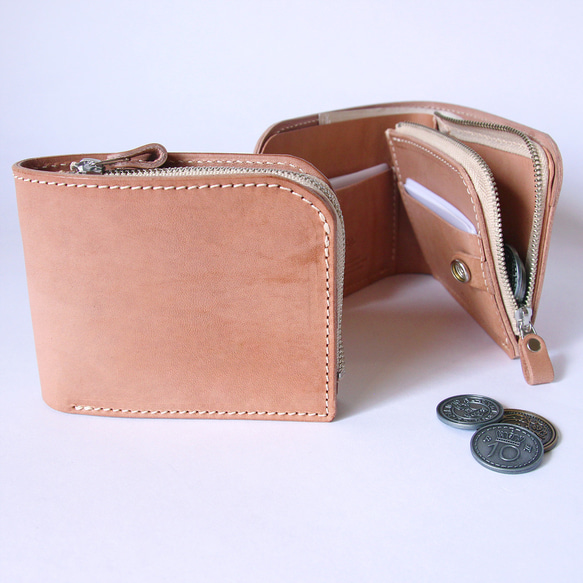 二つ折り財布 L字ファスナー 小銭入れ 牛革 レザー ヌメ革 本革 日々を刻む日記帳 nfl pst Creema店 1枚目の画像