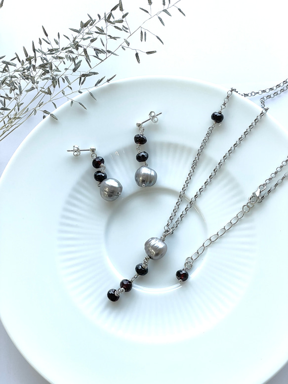 ピアス チェーンネックレス セット バロックパール ガーネット 