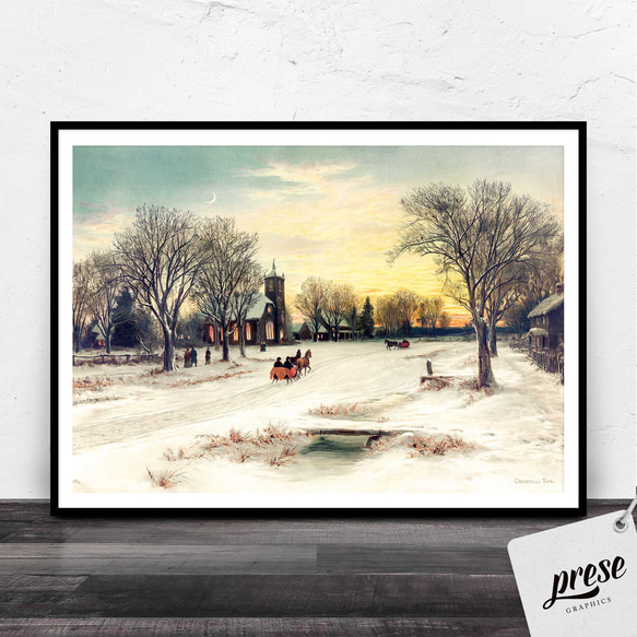 クリスマスイブの温もり 冬の町並みと馬そり アンティーク風アートポスター 1枚目の画像