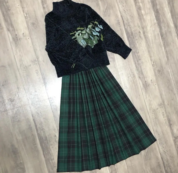 Drawer グリーンチェックギャザースカート　フレア　コットン Drawer(ドゥロワー) ラメチェックギャザースカート6524-299-1491