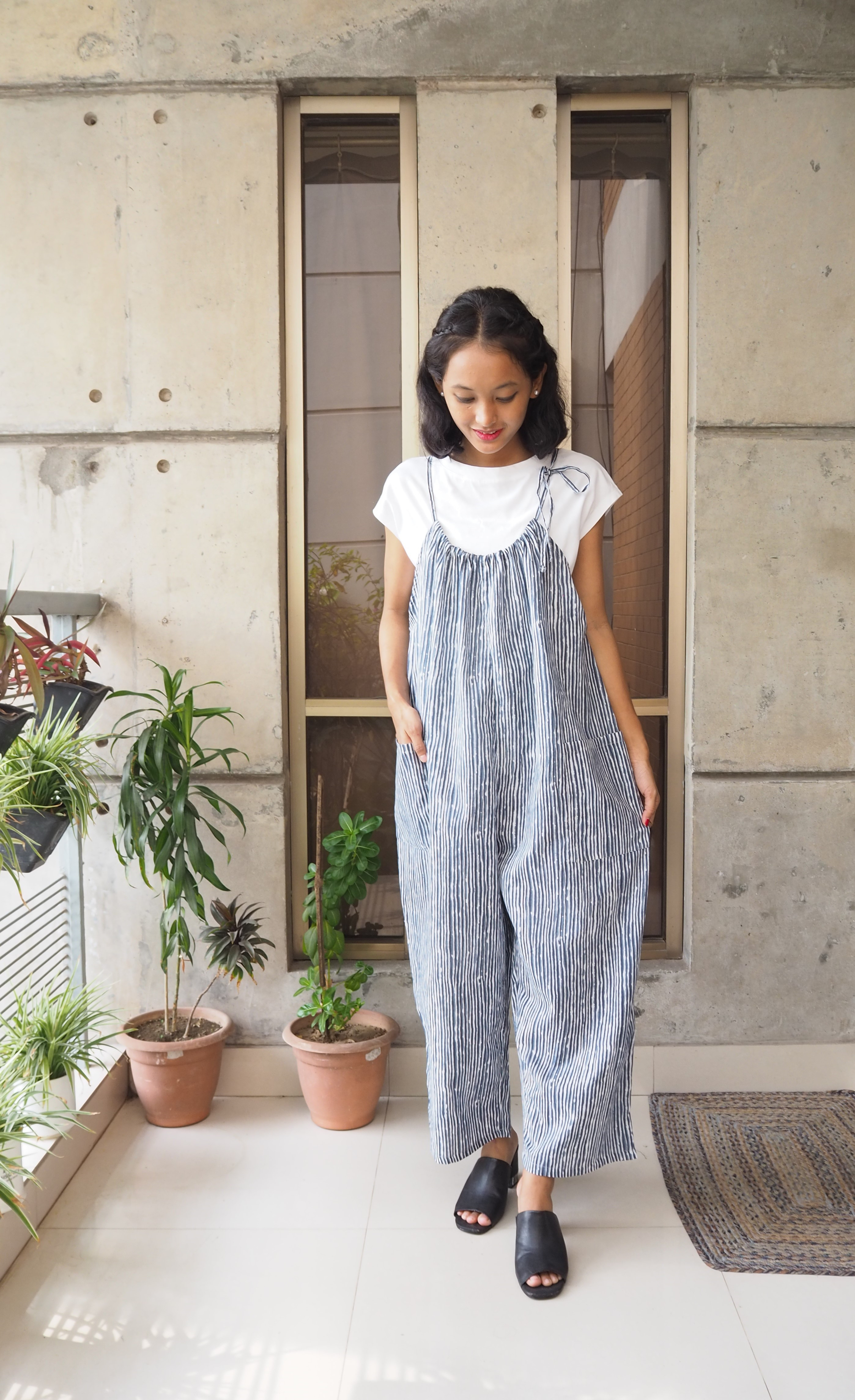 ハンドブロックプリント紐サロペット