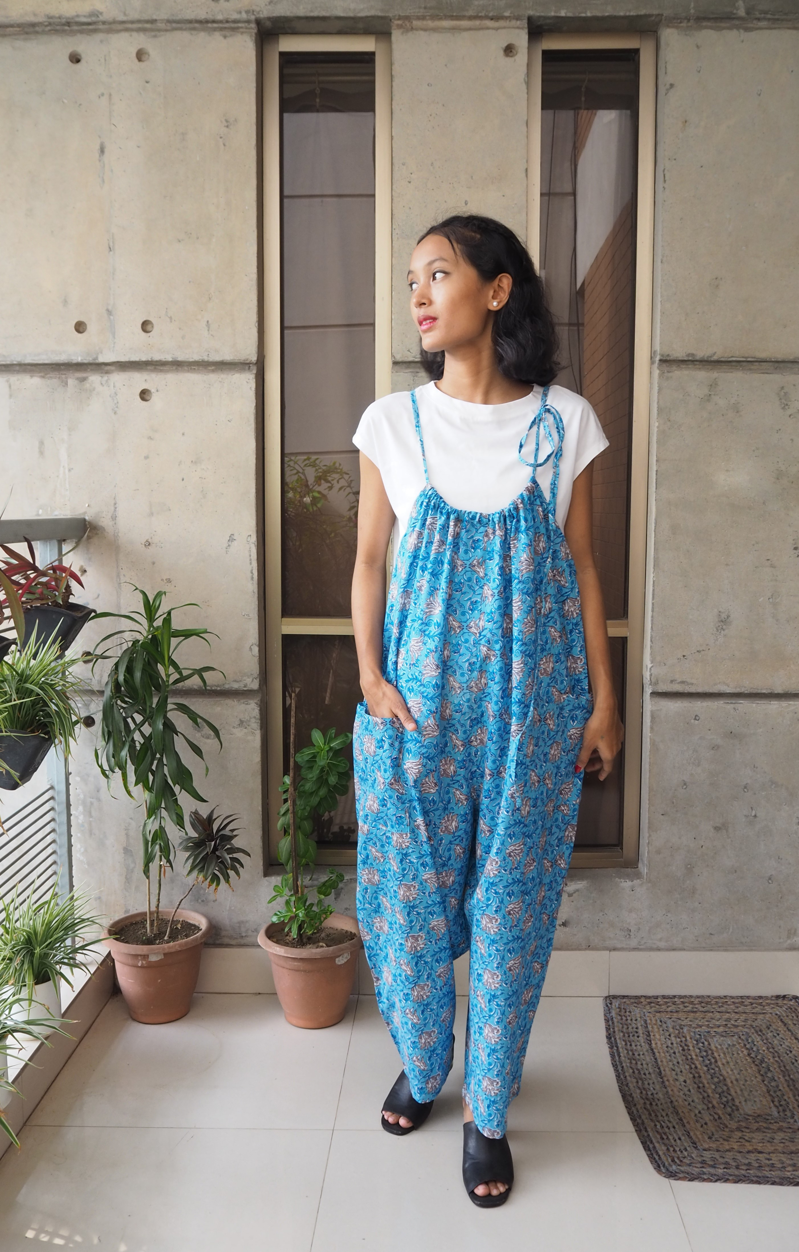 ハンドブロックプリント紐サロペット