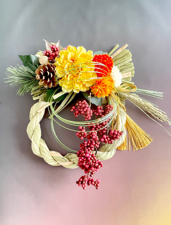 春の訪れ＊お正月新作飾り＊ダリアとマムのお花たちで祝うお正月しめ縄