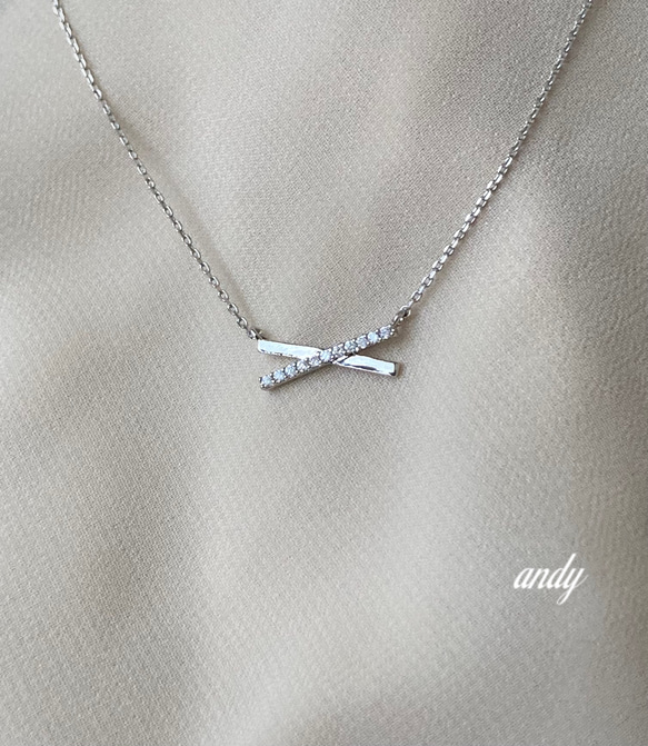 Cross Line Cz Motif Silver Necklace 3枚目の画像