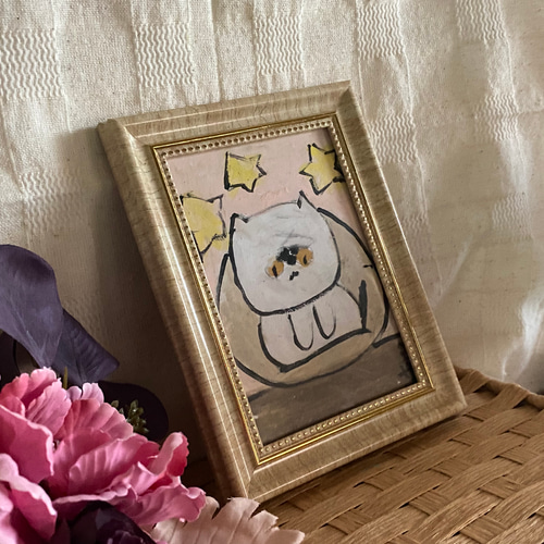 絵画。原画手描き【かわいい猫がソファーで星を見ている】