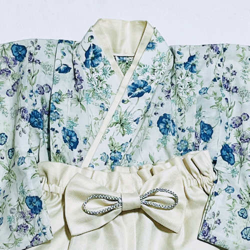 ベビー袴 ハンドメイド ベビー着物 ブルー系花柄 アイボリー 60