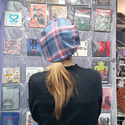 タータンチェック ベレー帽:水色 ベレー帽・ハンチング Hand