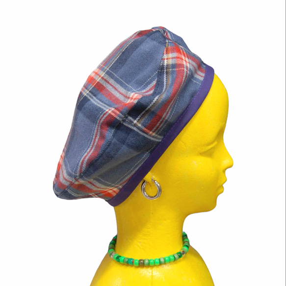 タータンチェック　ベレー帽:水色 3枚目の画像