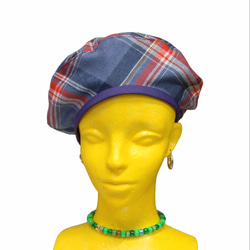 タータンチェック　ベレー帽:水色 4枚目の画像