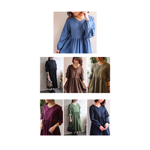 全20色】リネンワンピース／コットンリネンVネック切り替えギャザー  