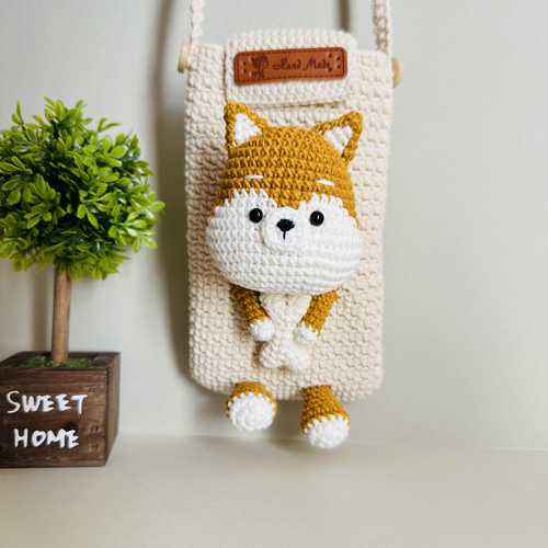 スマホポーチ 柴犬 ポシェット 編みぐるみ かぎ針編み ハンドメイド