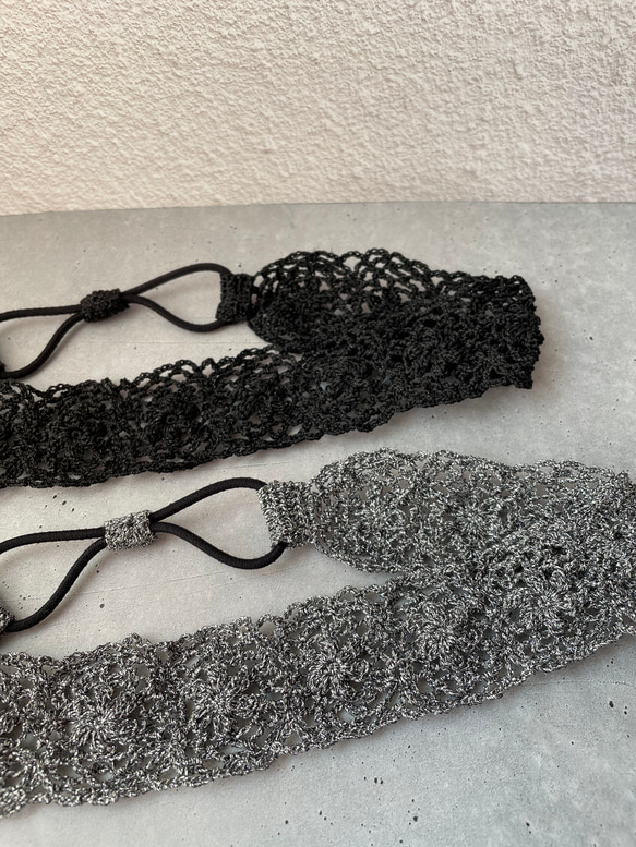 スマートに可愛く♪ラメレースを使った編みカチューム(シルバー✖️黒)  受注制作 7枚目の画像