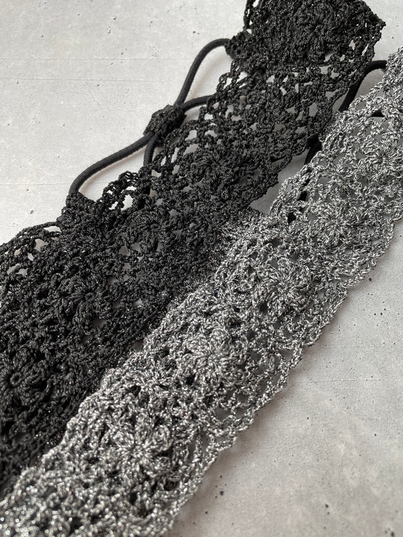 スマートに可愛く♪ラメレースを使った編みカチューム(シルバー✖️黒)  受注制作 9枚目の画像