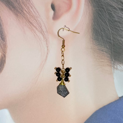 14kgf ブラックアベンチュリンクォーツ オニキス ピアス イヤリング 天然石 14kgf ブラックアベンチュリンクォーツ オニキス ピアス イヤリング 天然石