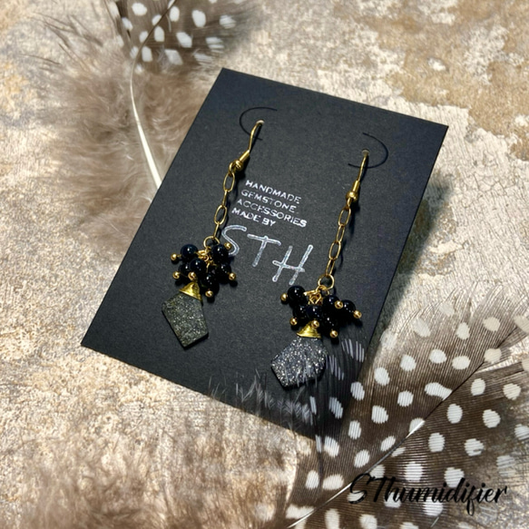 14kgf ブラックアベンチュリンクォーツ オニキス ピアス イヤリング 天然石