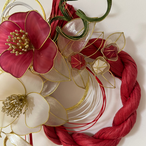 一点物】お正月飾り しめ縄飾り 椿 紅白 ディップフラワー ワイヤー