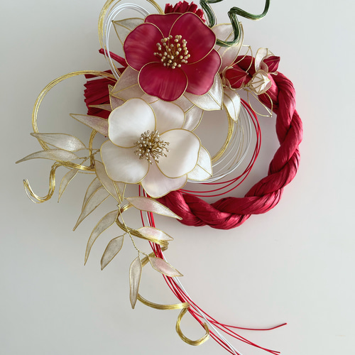 一点物】お正月飾り しめ縄飾り 椿 紅白 ディップフラワー