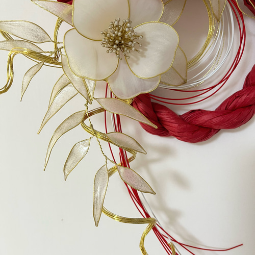 一点物】お正月飾り しめ縄飾り 椿 紅白 ディップフラワー