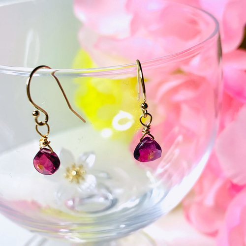 14kgf宝石質ロードライトガーネットピアス マロンカット 14kgfピアス  