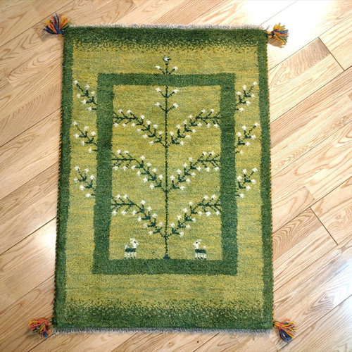 ペルシャ ギャッベ 玄関マット 88x62cm 黄緑色 緑色 生命の木