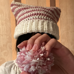 猫耳ニット帽　猫耳帽子　かわいい　かぎ針編み　ハンドメイド　crochet knit hat 1枚目の画像