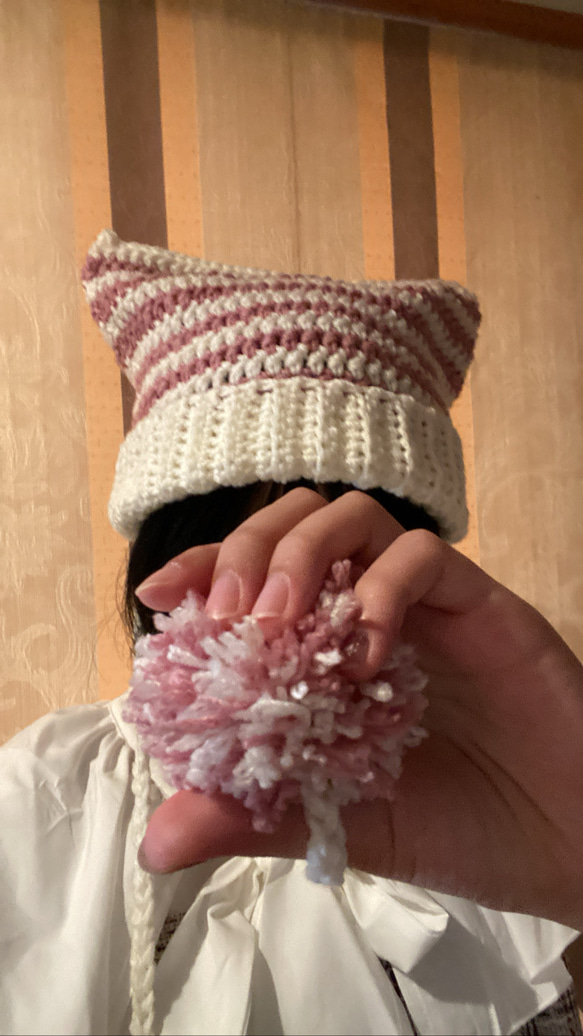 猫耳ニット帽　猫耳帽子　かわいい　かぎ針編み　ハンドメイド　crochet knit hat 1枚目の画像