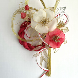 一点物】お正月飾り しめ縄飾り 椿 紅白 ディップフラワー ワイヤー