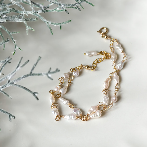 小さな淡水ケシパールの2連ブレスレット*14kgf ブレスレット marimello